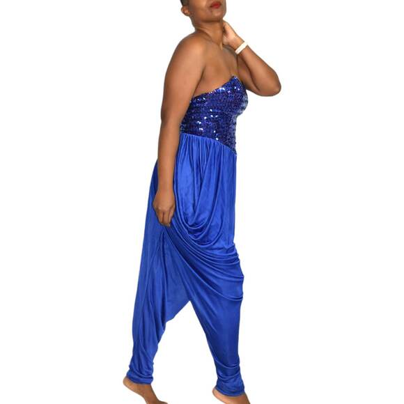 Sequin Draped Jumpsuit Vintage Blue Harem Strapless Sweetheart Pant Size Small - Picture 16 of 16